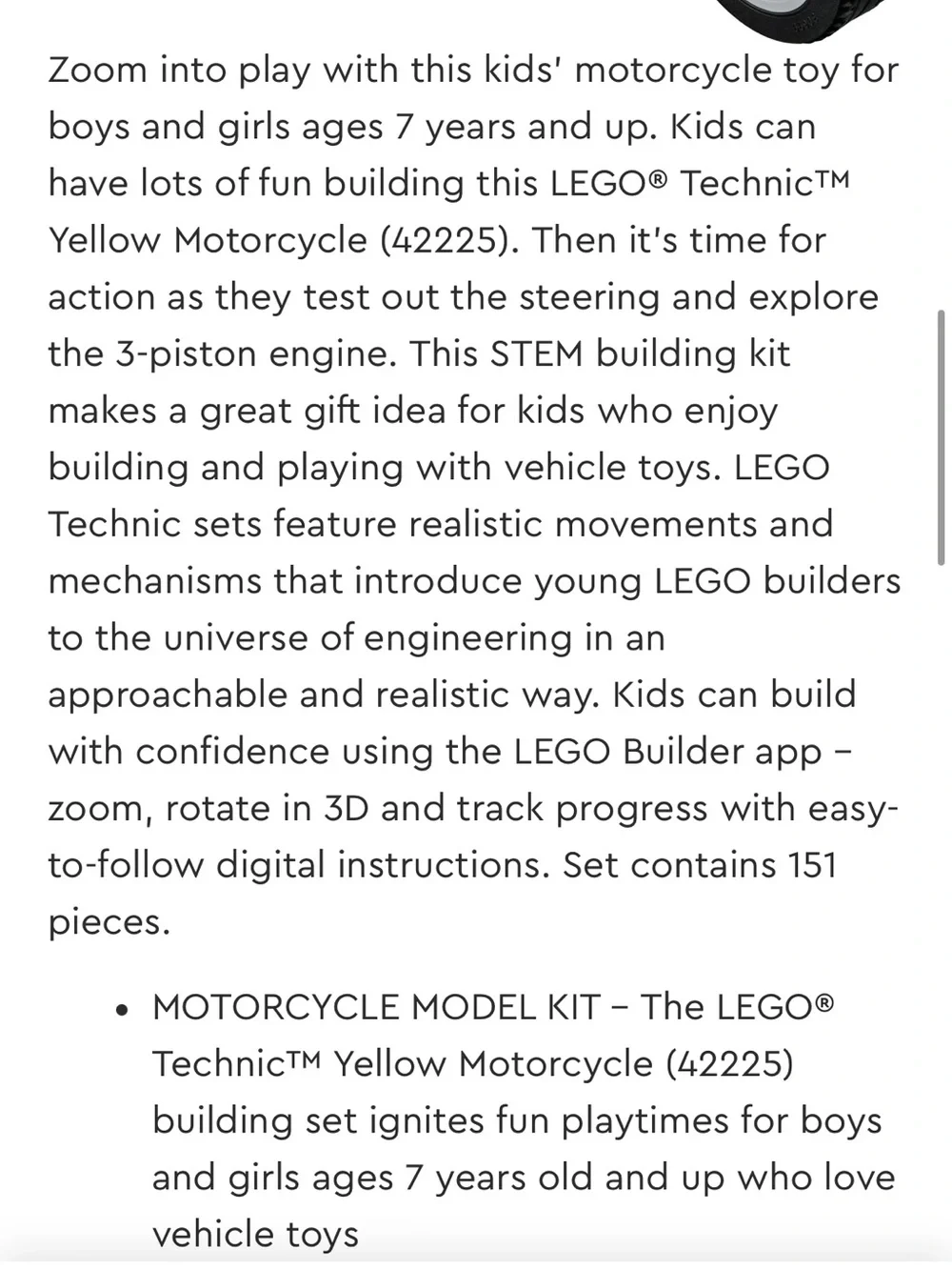 Lego Technic Yellow and Gray Motorcycle Model 42225 COLLECTIBLES